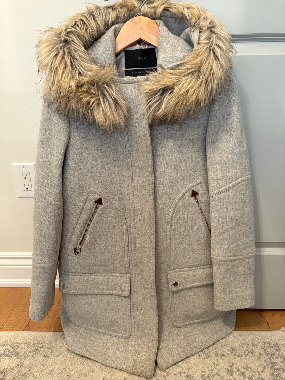 J. Crew Chateau Parka- Grey Wool-Blend Hooded Coat with Faux Fur Trim- Size US 4